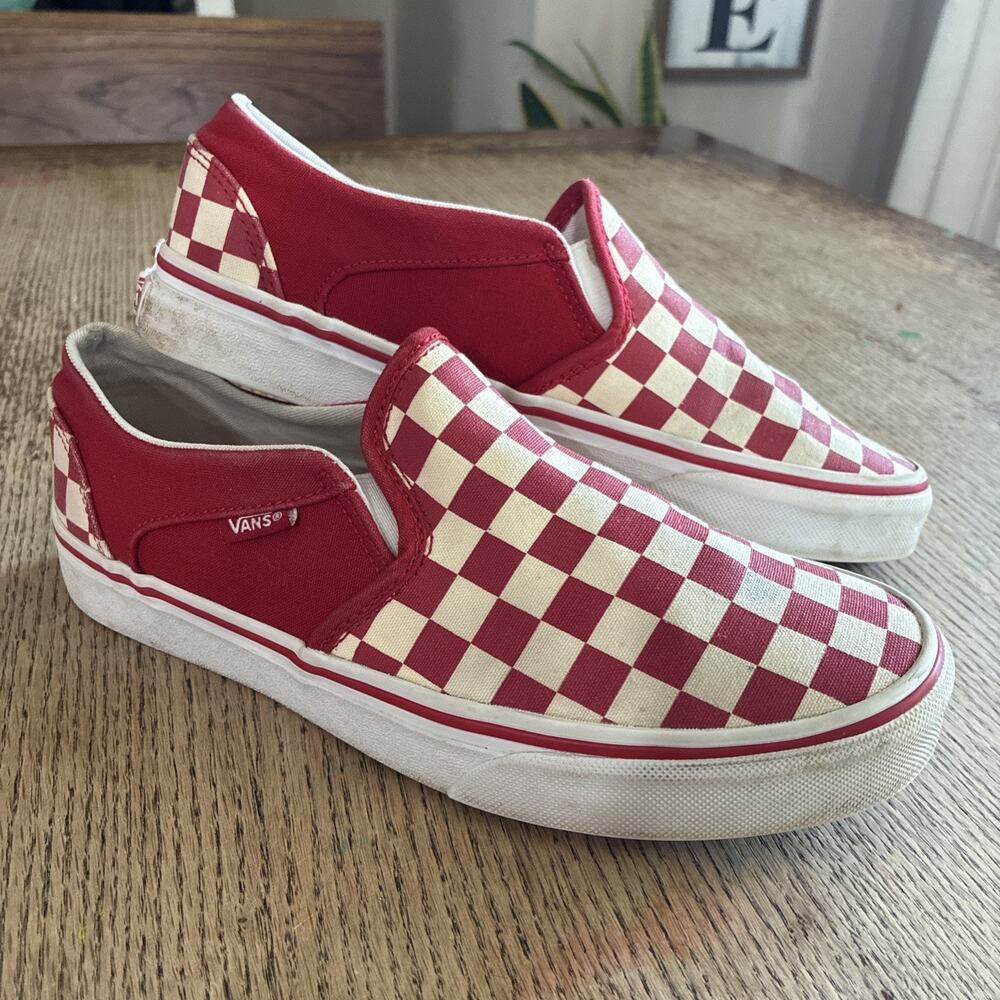 Vans Asher Red Cream Checkerboard Women’s Size 8 Slide-On Great Co.